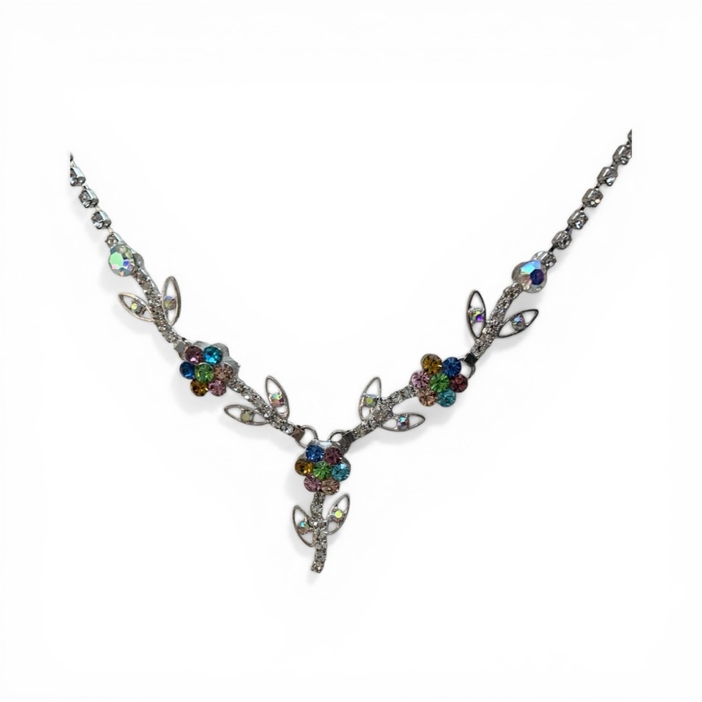 3-Piece Rhinestone Flower Set Necklace Bracelet Earrings Multicolor AB Crystal